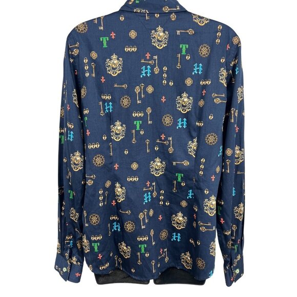 Tommy Hilfiger Women Large Button Up Collar Blouse Top Royal Crest Key Navy - Picture 5 of 9